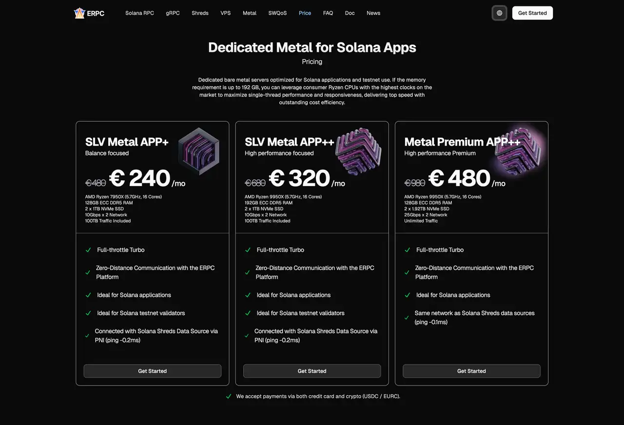 Dedicated Metal for Solana Apps Price List